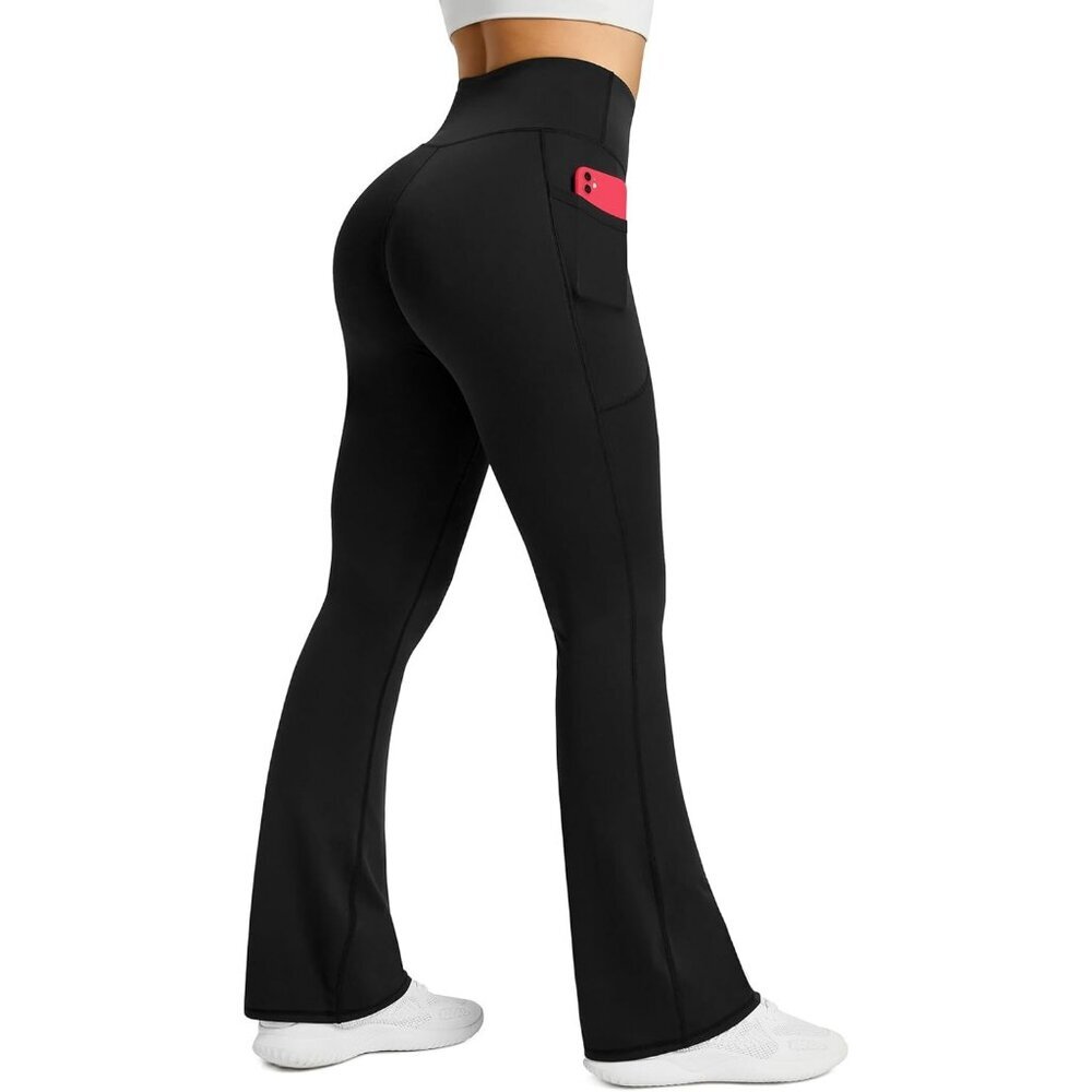 Women's Black Polyester Blend Flared High Waisted Bell Bottom Yoga Dress Pants